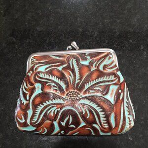 EUC Patricia Nash Turquoise and Brown Snap Close Leather Coin Purse